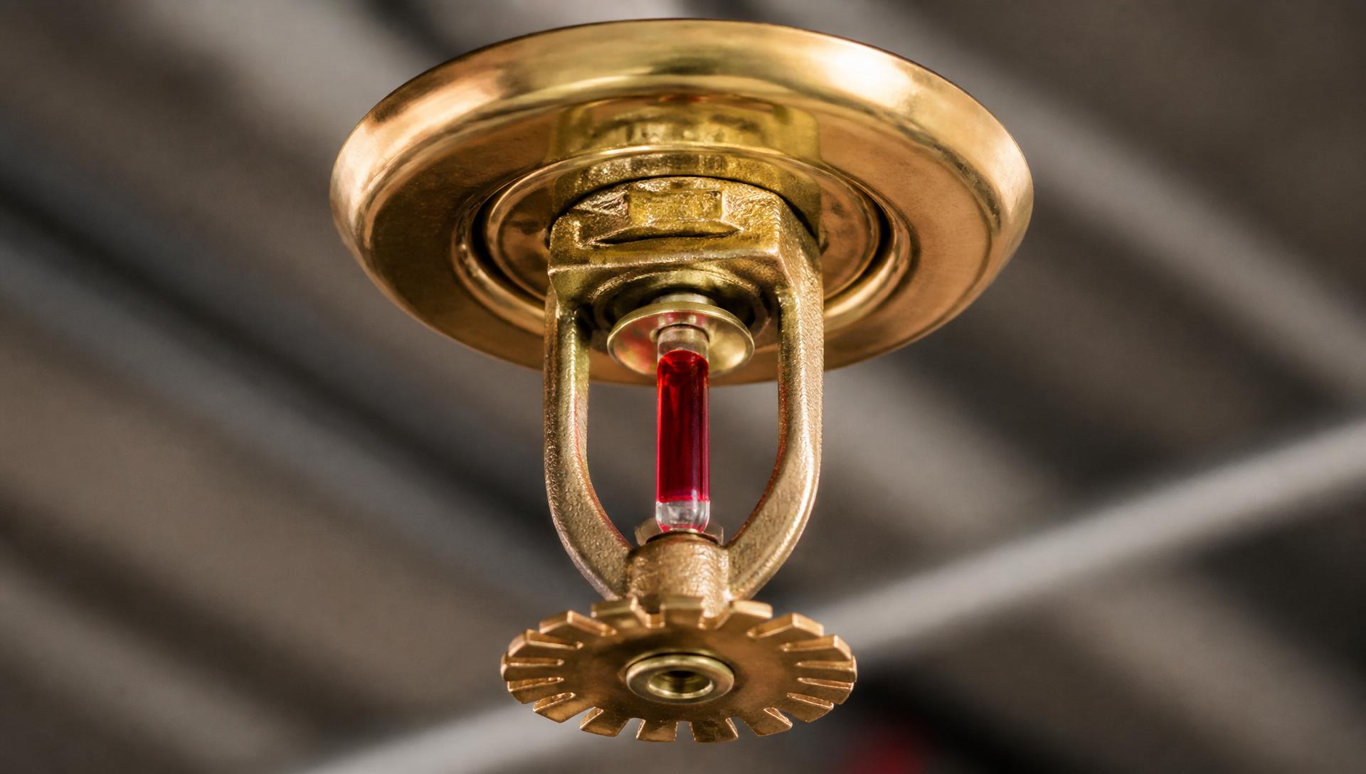Närbild på ett mässingssprinklerhuvud monterat i tak